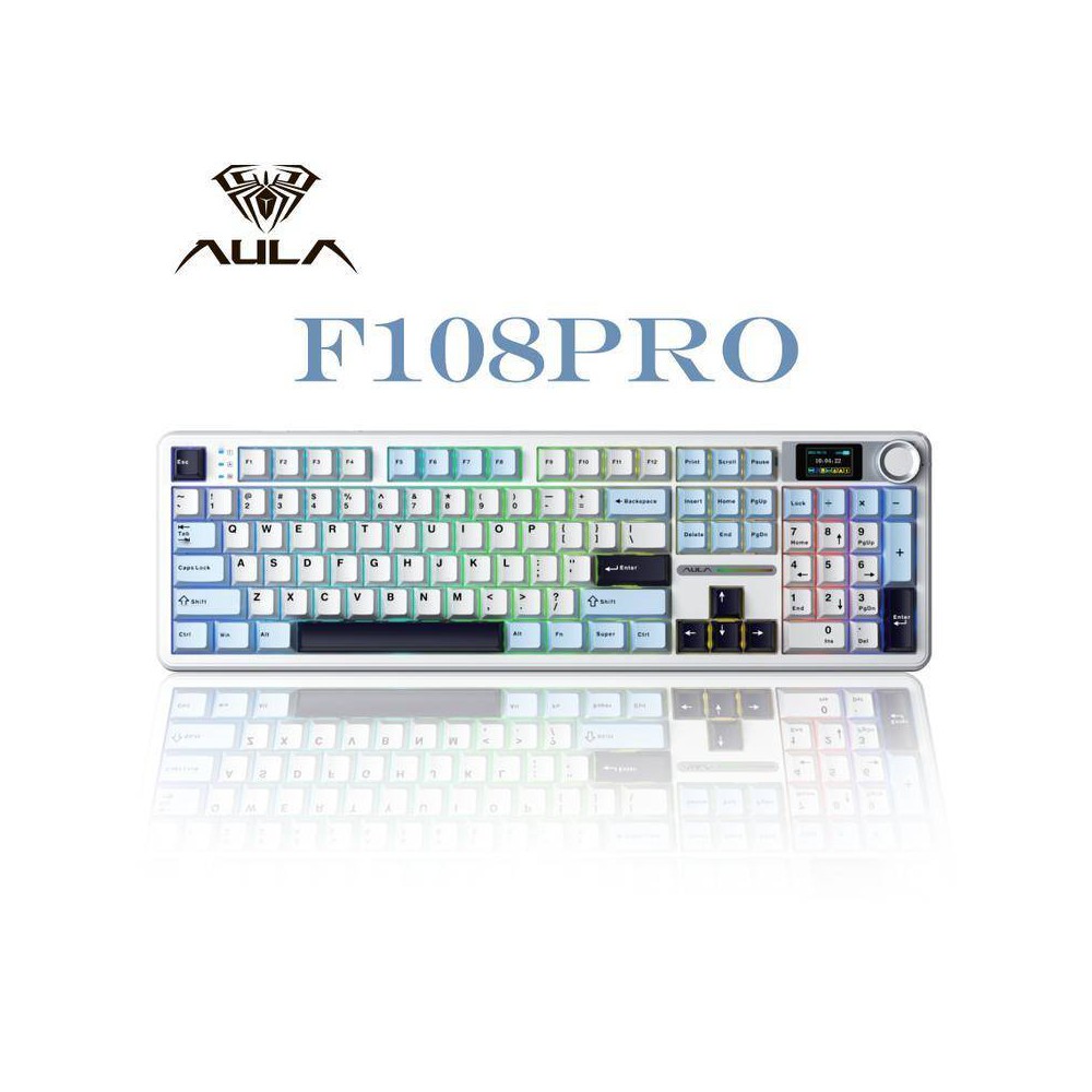 AULA F108Pro Wireless Mechanical Gaming Keyboard, Hot Swappable, RGB-TFT Screen, Num Pad, Tri-Mode - Blue White