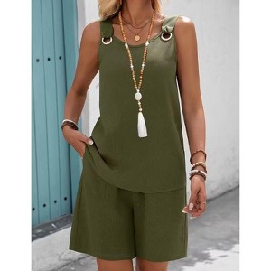 Women's 2 Piece Outfits Sleeveless Wide Strap Top And Casual Shorts Summer  Set Army Green M : Target