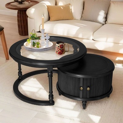 2 in 1 Nesting Storage Coffee Table Set,Round Wood Coffee Table with Rubberwood Frame,Modern Coffee Table with Glass Top for Living Room-Coolbibila