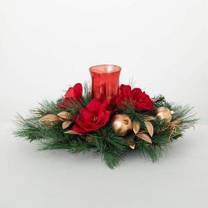 10.5"H Sullivans Artificial Christmas Magnolia Pomegranate Centerpiece, Green-Red, Indoor Christmas Decor - 1 of 4