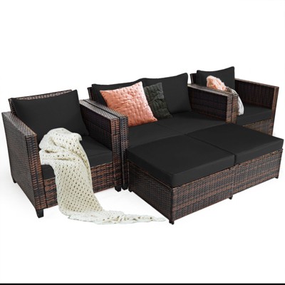 5-Piece Black Wicker Outdoor Conversation Set with Cushions