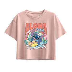 Girls' - Disney - Aloha Stitch Rainbow Surf Short Sleeve Boxy Graphic T-Shirt - 1 of 1