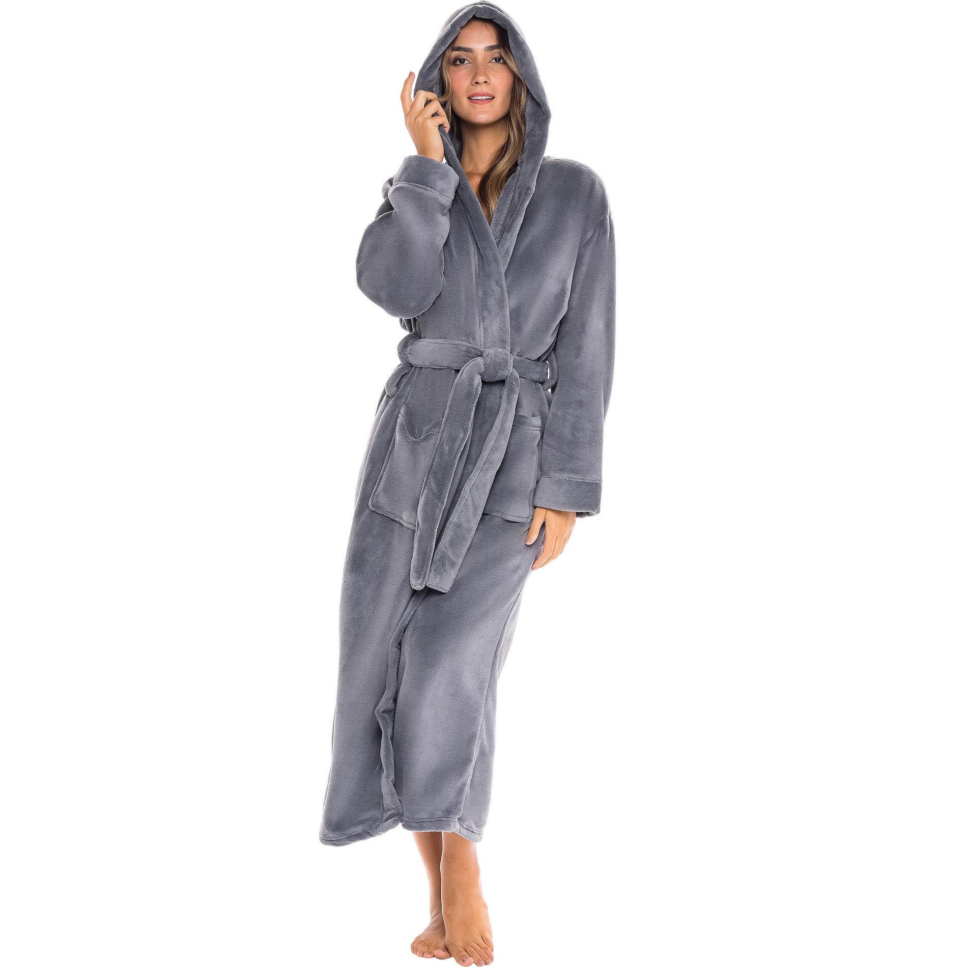 ADR Plush Fleece Robe for Women, Long Hooded Bathrobe with Hood, Plus Size