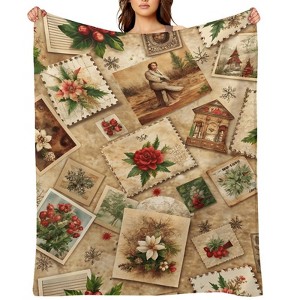 FIONECA Nostalgic Christmas Stamp Collage Blanket with Poinsettia and Holly Design Warm Cozy Holiday Decor Throw 30x40 inches - 1 of 4