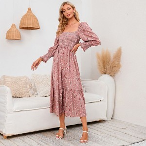 Women's Square Neck Smocked Floral Sundress Ruffled Hem Summer Dress Casual Mini Dress with Puff Sleeves - 1 of 4