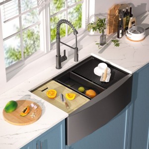 33x22 Inch Farmhouse Workstation Gunmetal Black All In One Kitchen Sink 18 Gauge Stainless Steel Single Bowl Sink With Faucet - 1 of 4