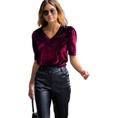 Amaryllis Women's Velvet V-Neck Short Sleeve Top with Soft Draped Fit and Slightly Puffed Shoulders
