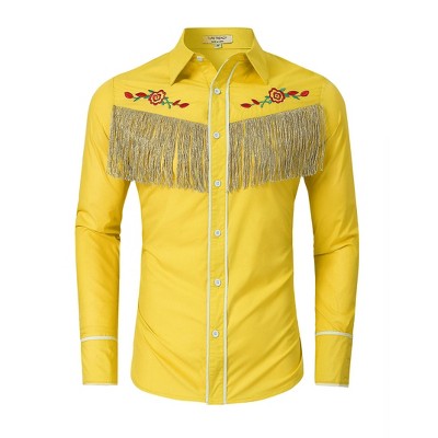 BLUEMING Men's Western Cowboy Fringe Shirt Costume Long Sleeve Casual Hippie Slim Fit Button Down Shirt