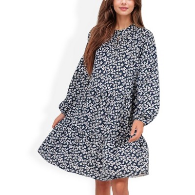 Anna-Kaci Women's Long Sleeve Floral Print Dress with Ruffle Hem and Keyhole Neckline
