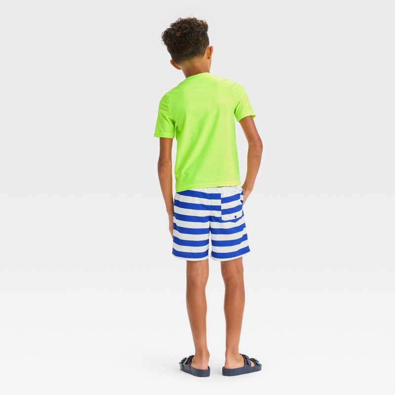 Boys' Short Sleeve Shark Printed & Striped Rash Guard Top & Swim Shorts Set - Cat & Jack™ White/Blue/Lime Green, 4 of 6