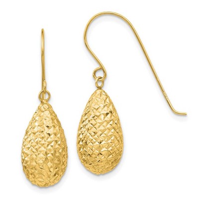 Black Bow Jewelry 15mm Diamond Cut Puffed Teardrop Dangle Earrings in 14k Yellow Gold