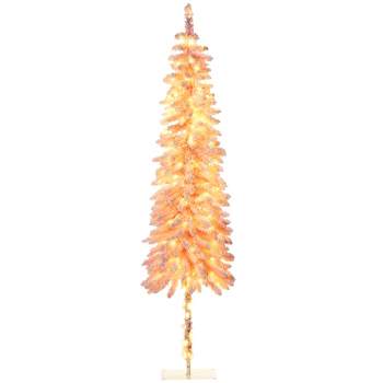HOMCOM 7 FT Pencil Prelit Artificial Christmas Tree Holiday Decoration with Snow Flocked Branches, Warm White LED Lights, Downswept Shape, Pink