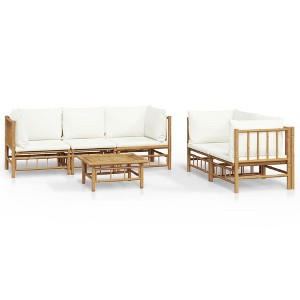 vidaXL 6 Piece Bamboo Patio Lounge Set with Cream White Cushions - Outdoor Furniture with Table, Modular Design, Comfortable Cushions - 1 of 4