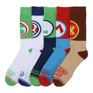 Super Mario Bros Colorblock Character Designs Adult 5-Pair Casual Crew Socks-OSFA - 1 of 4