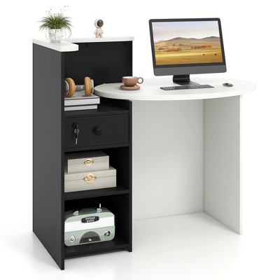 Tangkula Front Reception Counter Desk Checkout Office Desk w/ Open Shelf & Lockable Drawer