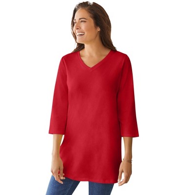Woman Within Plus Size Perfect Three-Quarter Sleeve V-Neck Tunic