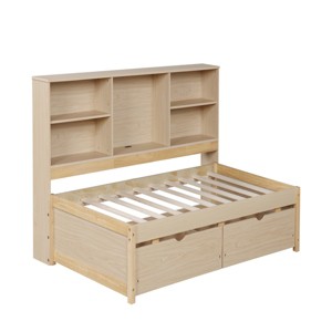 TopComfy Beds Twin Size Bed Frame with Side Bookshelves Two Drawers Bookshelves Two Drawers for Kids Bedroom, Beige, 80.12"*16.54"*5.5" - 1 of 4