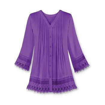 Collections Etc Pintuck Lace Trim Button Down V-Neck Tunic