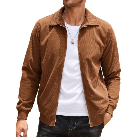 COOFANDY Men's Casual Corduroy Jacket Lightweight Zip Up Vintage Jacket Collared Bomber Jacket Light Brown S