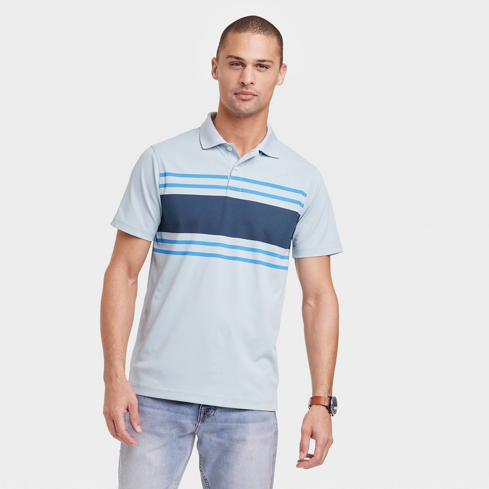 Men's Regular Fit Short Sleeve Performance Polo Shirt - Goodfellow & Co™ Light Blue/Striped S -  87149993