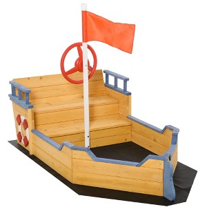 Outsunny Wooden Kids Pirate Sandbox, Outdoor Sandboat with Bench Seats, Storage, Non-Woven Fabric Cloth for Backyard, Lawn, Natural Wood - 1 of 4