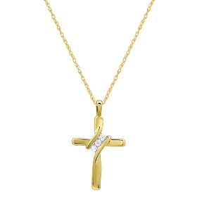 GILDED Small 10 Karat Yellow Gold Natural Round-Cut Diamond Accent 3 Stone Cross Pendant with an 18 Inch Chain - 1 of 4