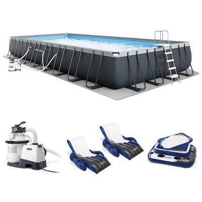INTEX 32'x16'x52" Rectangular Ultra XTR Frame Above Ground Pool with Sand Filter Pump, Ladder, Ground Cloth, Pool Cover, Floats (2 Pack), & Cooler