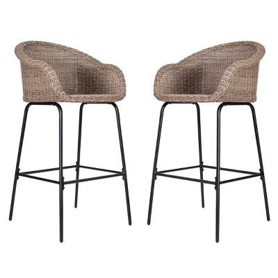 Outdoor PE Rattan Barstools,Metal Bar Stools with Armrests and Footrest,UV Resistant Patio Bar Chairs for Garden or Balcony-Coolbibila