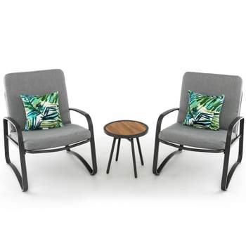 Tangkula Set of 3 Bistro Conversation Set DPC Tabletop Metal Cushioned Chairs Patio