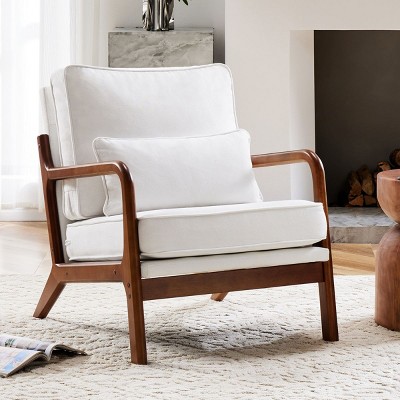 Modern Linen Fabric Upholstered Comfy Reading Accent Chair with Lumbar Pillow,Wood Frame Lounge Arm Chair for Living Room, Bedroom-Cuddlewood