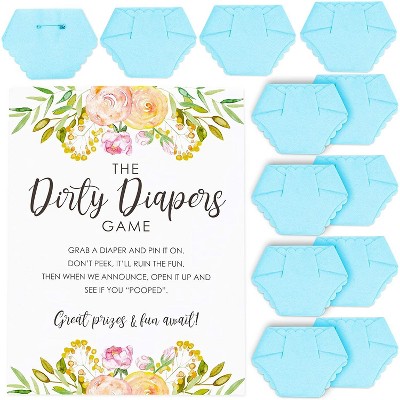 The Dirty Diaper Game for Boy Baby Shower, Includes 12 Baby Blue Felt Diapers & 1 Instruction Sign