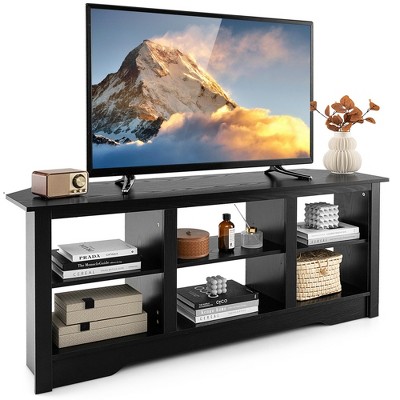 Costway 58" TV Stand with 6 Open Storage Shelves Shelf for 18 inch Fireplace(not included) Black/Grey