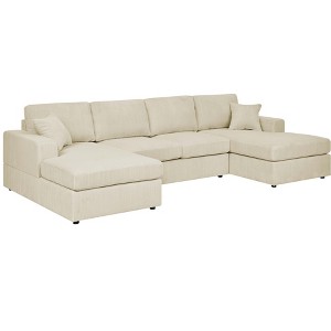 TiramisuBest 3-Piece Cream Corduroy Sectional Sofa with Double Chaise, U-Shaped Modular Couch with Removable Cushions for Living Room - 1 of 4