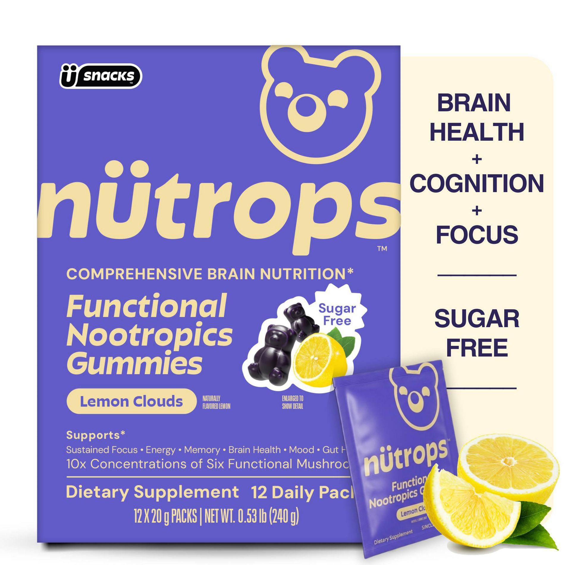 Nütrops By Grüns Sugar-Free Functional Nootropics for Brain Health Mushroom Gummies - 240g/12 Servings