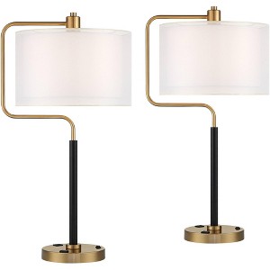 Possini Euro Design Carlyle 30 1/2" Tall Large Mid Century Modern Desk Lamps Set of 2 USB Port AC Power Outlet Gold Metal Home Office Charging - 1 of 4