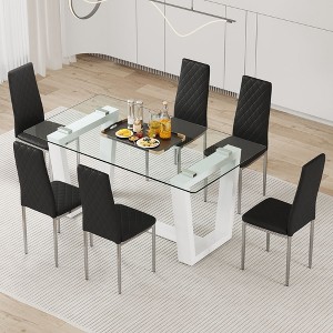 NicBex Dining Table Set for 6 Rectangular Tempered Glass Top Table White MDF Stand with 6 PU Chairs for Kitchen - 1 of 4