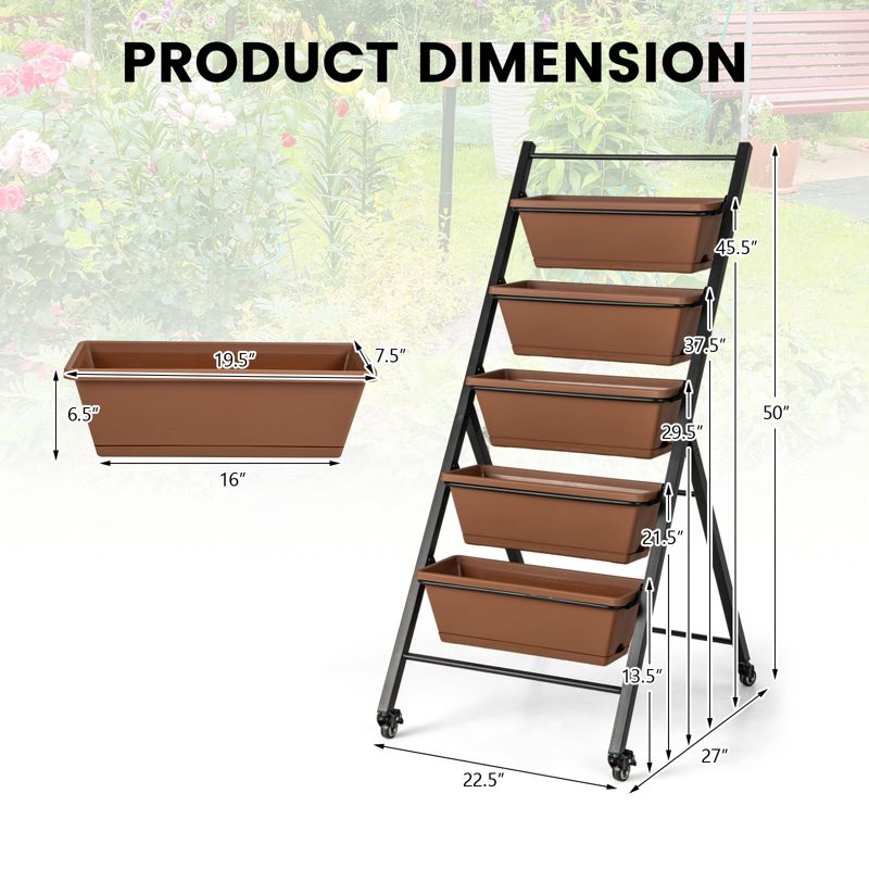 Tangkula 5-Layer Vertical Raised Garden Bed with Wheels Drainage Holes Freestanding Planter with Container Boxes Brown, 4 of 11