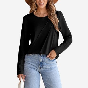 Amaryllis Women’s Solid Rib Knit Long Sleeve Crewneck Top Diagonal Seam Detail Slim Fit Pullover - 1 of 4