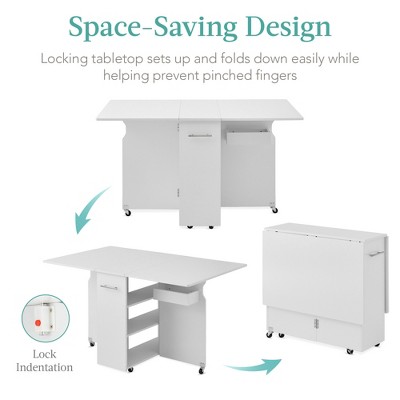 White Multipurpose Folding Table with Wheels and Storage Shelves
