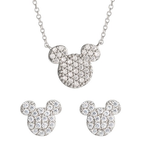 Disney Mickey Mouse Cubic Zirconia Sterling Silver Necklace and Stud  Earrings Set - 15 + 2