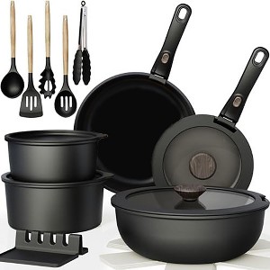Aoibox Non Stick RV Pots and Pans Ceramic Kitchen Cookware Set with Detachable Handle, Oven Safe, Induction Ready, Stackable, Black - 1 of 4