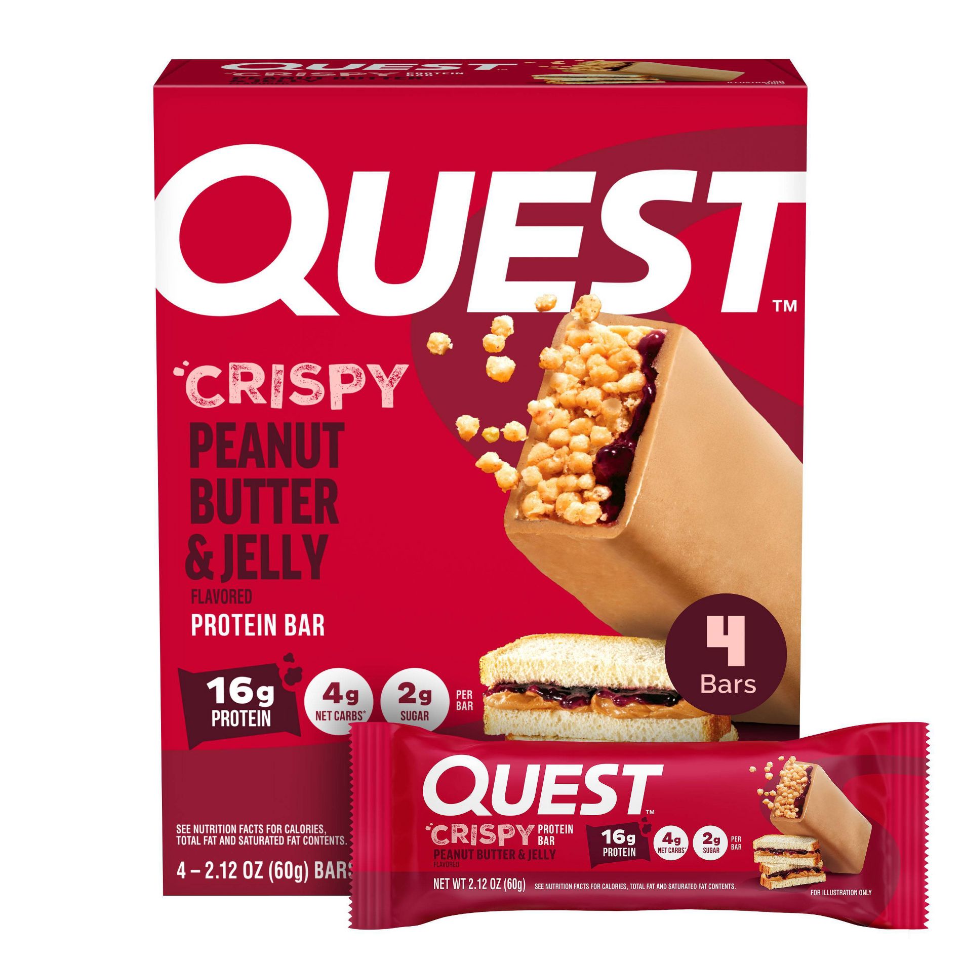 Quest Nutrition Crispy Protein Bars - Peanut Butter & Jelly - 8.46oz/4pk - 16gms Protein