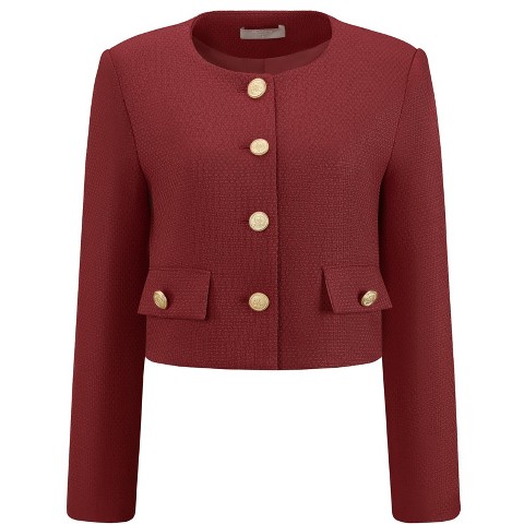 INSPIRE CHIC Women's Tweed Collarless Button Down Cropped Long Sleeve Office Work Jacket Blazer Large Dark Red
