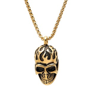 Steeltime 24" Men's 18k gold plated stainless steel fire skull pendant necklace - 1 of 4