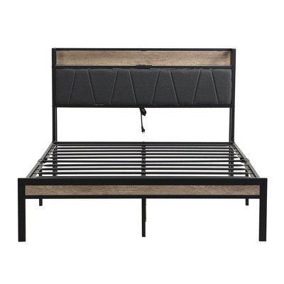 TiramisuBest Full Size Metal Platform Bed Frame with upholstery storage function Headboard and USB LINER and Footboard - Beige+Black Metal