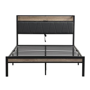 TiramisuBest Full Size Metal Platform Bed Frame with upholstery storage function Headboard and USB LINER and Footboard - Beige+Black Metal - 1 of 4