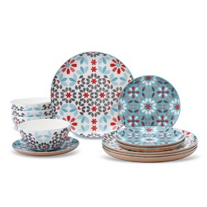 Lorren Home Trends Floral Bone China Dinnerware Set, 12 Piece Service for 4, Blue Red Gray Pattern, Dishwasher Microwave Safe - 1 of 4
