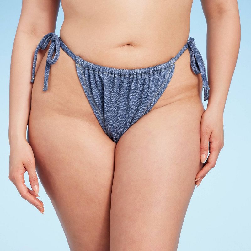 Women's Denim Textured Side-Tie High Leg Cheeky Bikini Bottom - Wild Fable™ Dark Denim Blue, 1 of 5