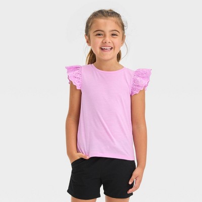 Image of Toddler Girls' Eyelet Top - Cat & Jack™ Purple 18M: Ruffle Sleeve, Jersey Cotton Blend, Crewneck, Solid Color, Machine Washable