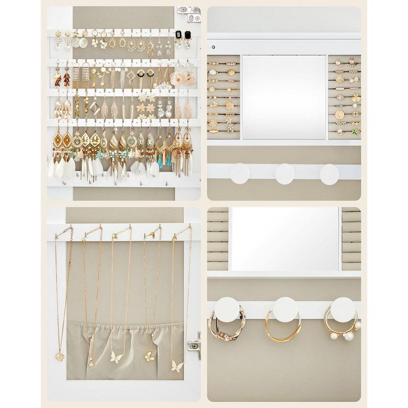 SONGMICS Jewelry Organizer, LED Jewelry Cabinet Wall/Door Mounted, Lockable Rounded Wide Mirror White Surface with Greige Lining, 5 of 10